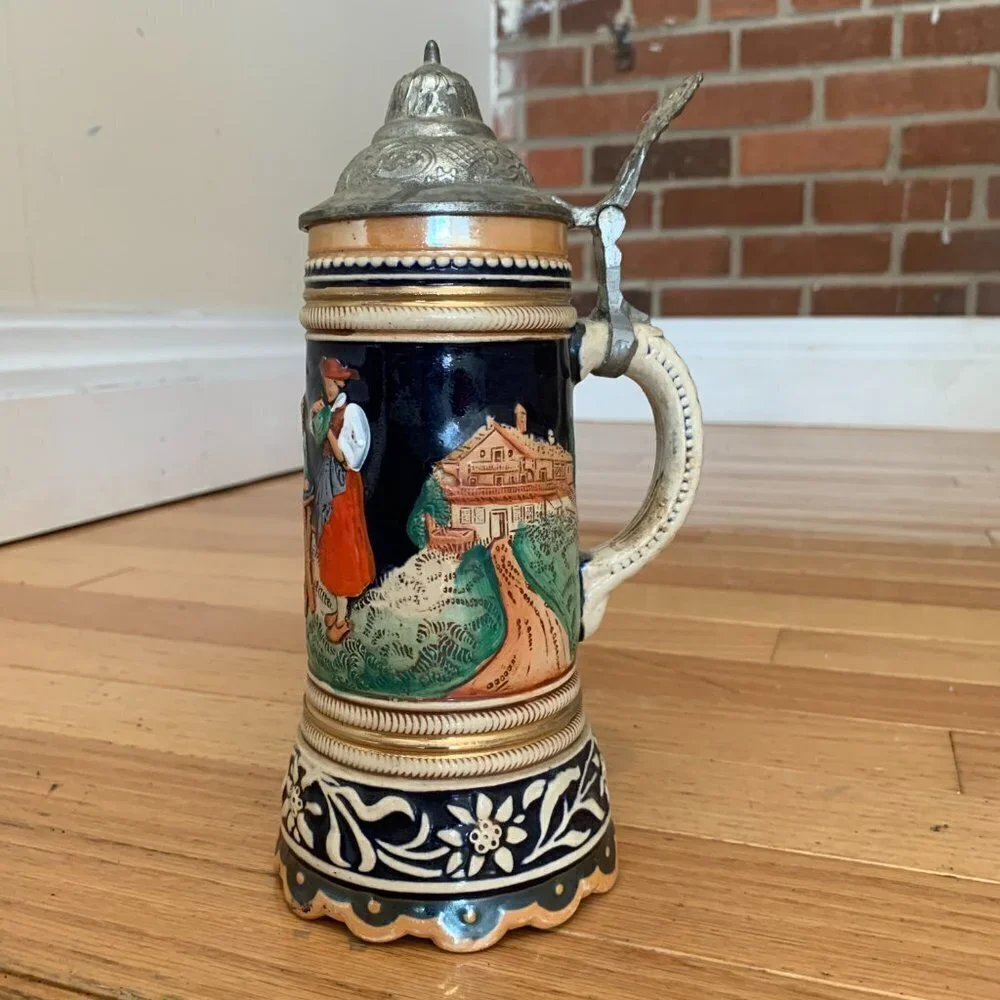 Vintage German Beer Stein Handgemalt with Pewter Lid
